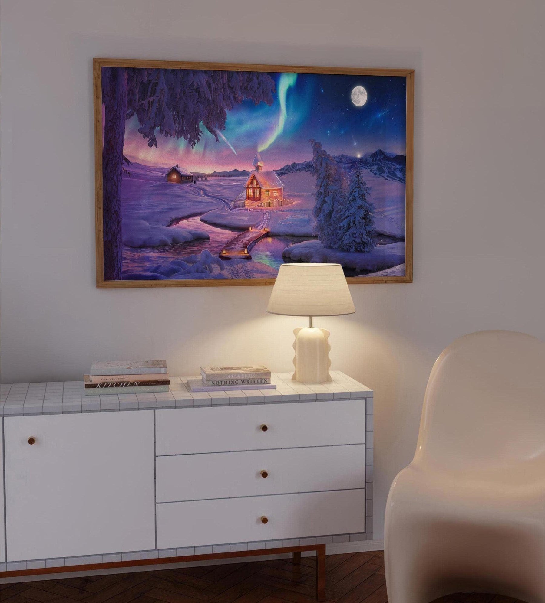 Colorful Winter Wonderland Oil Painting Wall Art | Northern Lights Landscape Decor | Panoramic Poster