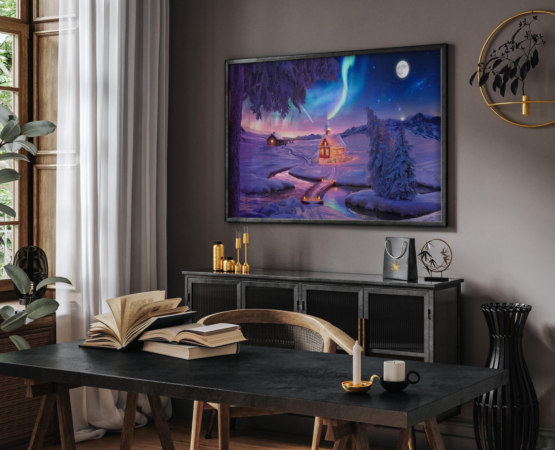 Colorful Winter Wonderland Oil Painting Wall Art | Northern Lights Landscape Decor | Panoramic Poster