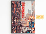 Poster di Chicago, stampa di luci natalizie invernali, insegna teatrale, regalo dello Stato dell'Illinois, foto di fiocchi di neve, luci di Capodanno, poster degli Stati Uniti