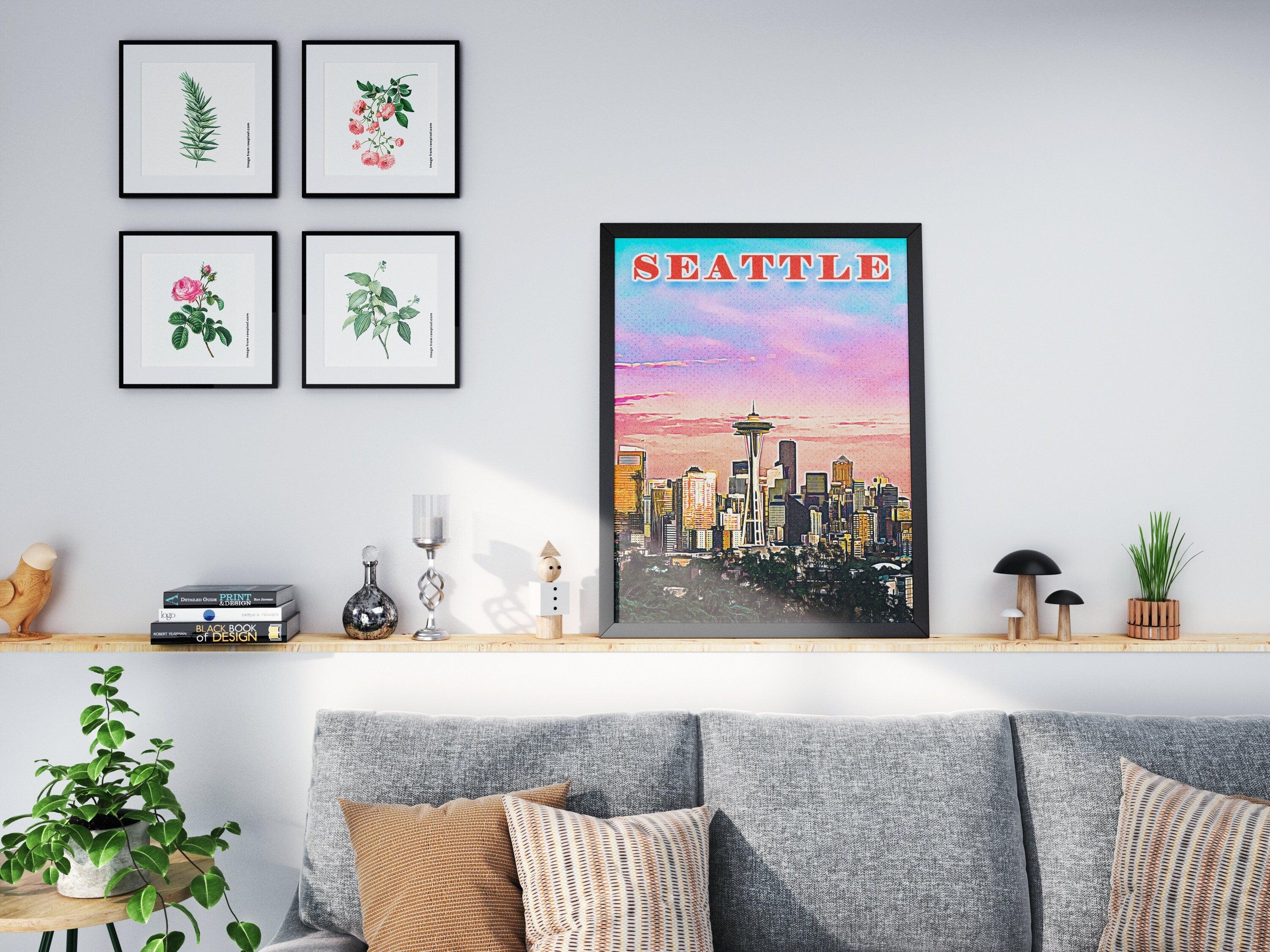 Seattle Poster • Printable Wall Art For World Traveller • Pink Orange Colorful • Retro Vibrant Print • USA Travel Gift • Digital Download