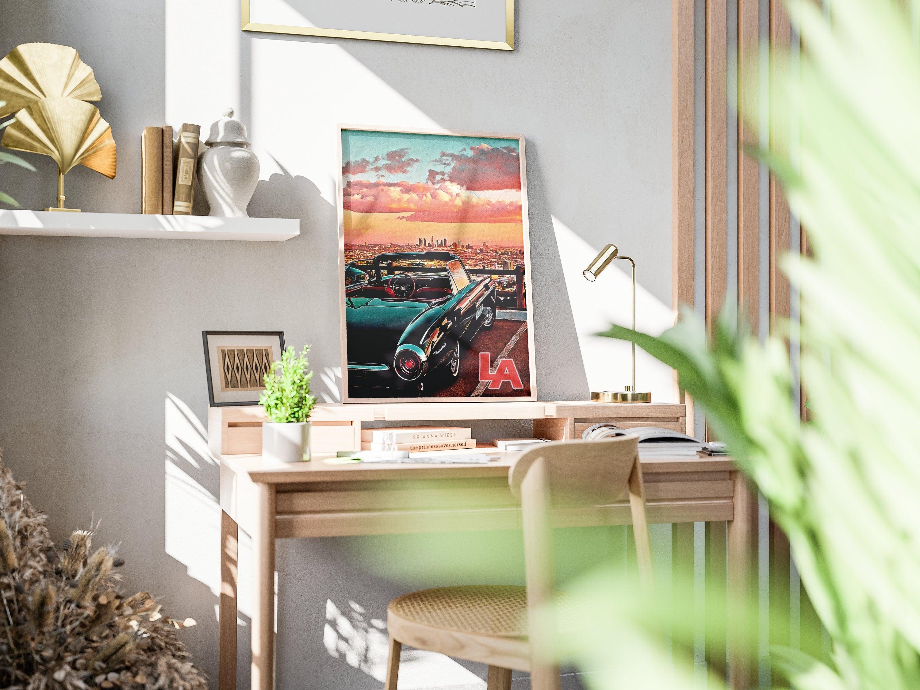 Los Angeles Skyline Poster, California Vintage Wall Art, Sunset Pastel Clouds, USA Travel Gift, Vibrant Retro Print, Aesthetic Retro Poster