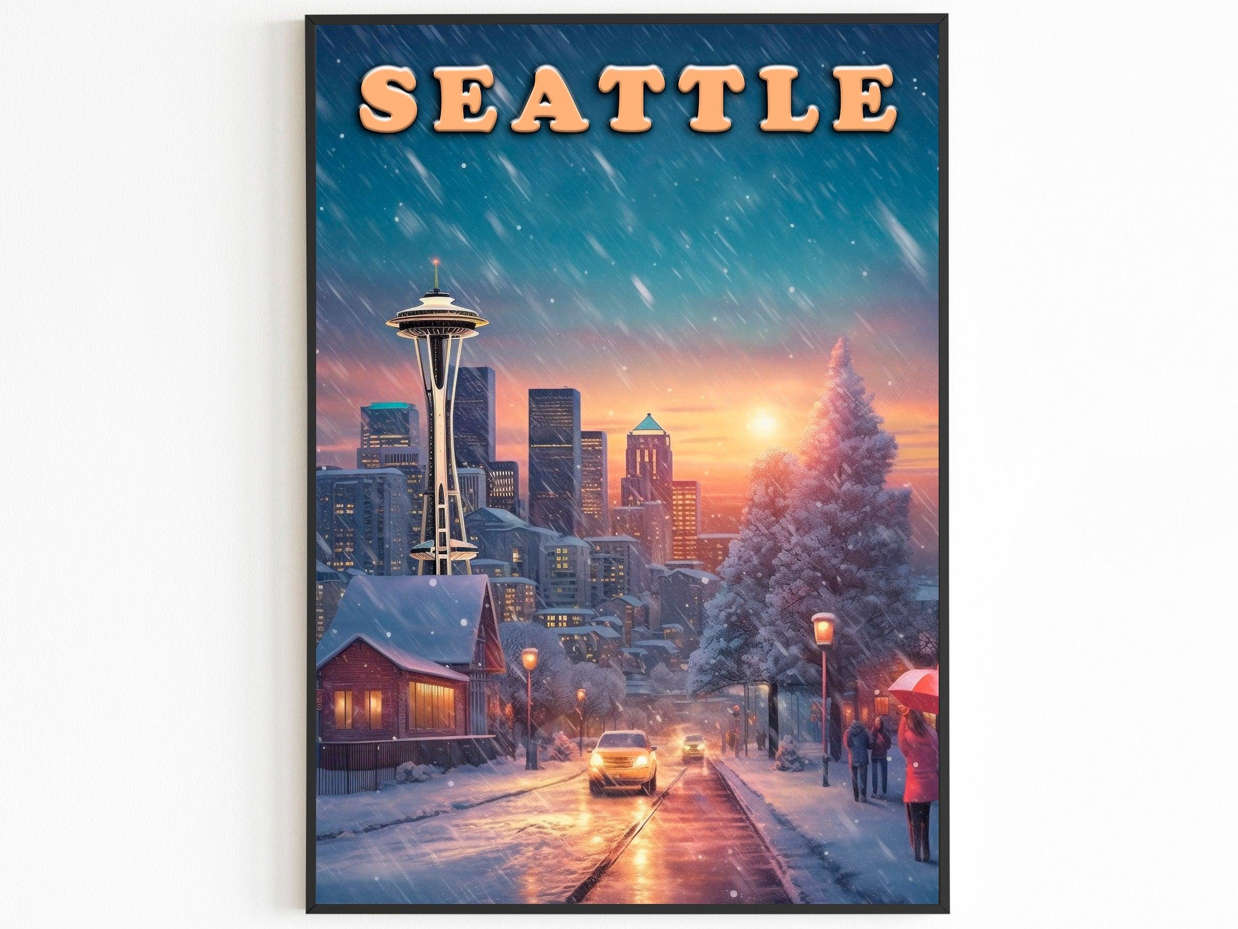 Seattle Vintage Poster, Sunset Light, Winter Nostalgic Art, Travel Poster Gift For Christmas, Washington Colorful, Decor For World Traveler