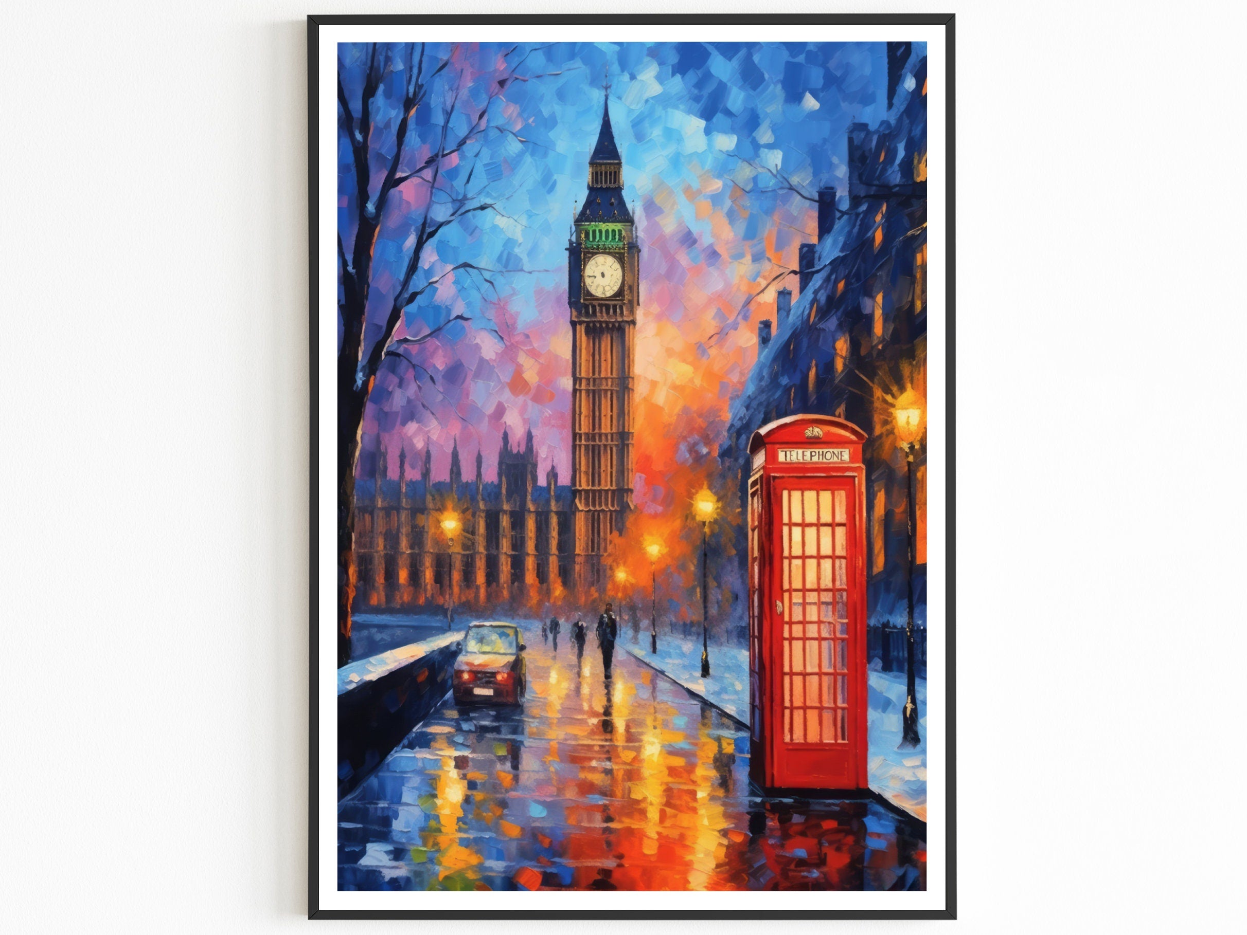 London Poster, Red Phone Booth, Big Ben, Oil Painting Printable Wall Art, Vibrant Pastel Colors, UK Travel Gift, Room Decor For Traveller