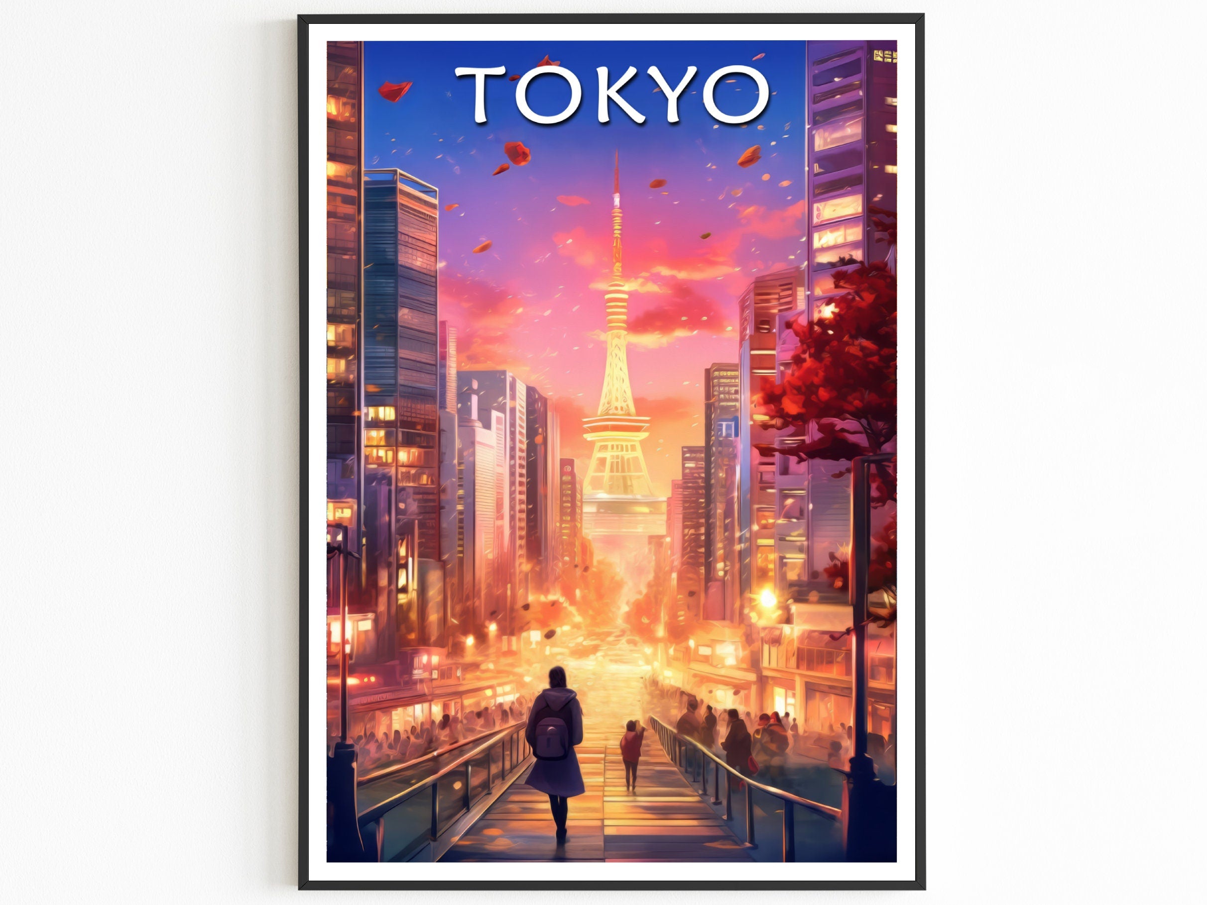 Tokyo Poster, Japanese Wall Art, Romantic Sky, Oil Painting Print, City Lights, Colorful Travel Poster, Decor For World Traveller