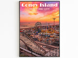 Stampa di Coney Island, arte murale colorata di New York, montagne russe, poster regalo di Brooklyn, luna park, USA vibranti, tramonto estetico, skyline di New York