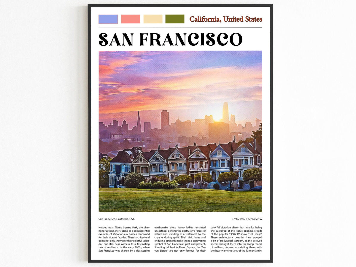 San Francisco Skyline Poster, Painted Ladies, Victorian Houses, California Retro Print, USA Travel Gift, Vintage Home Wall Art Decor